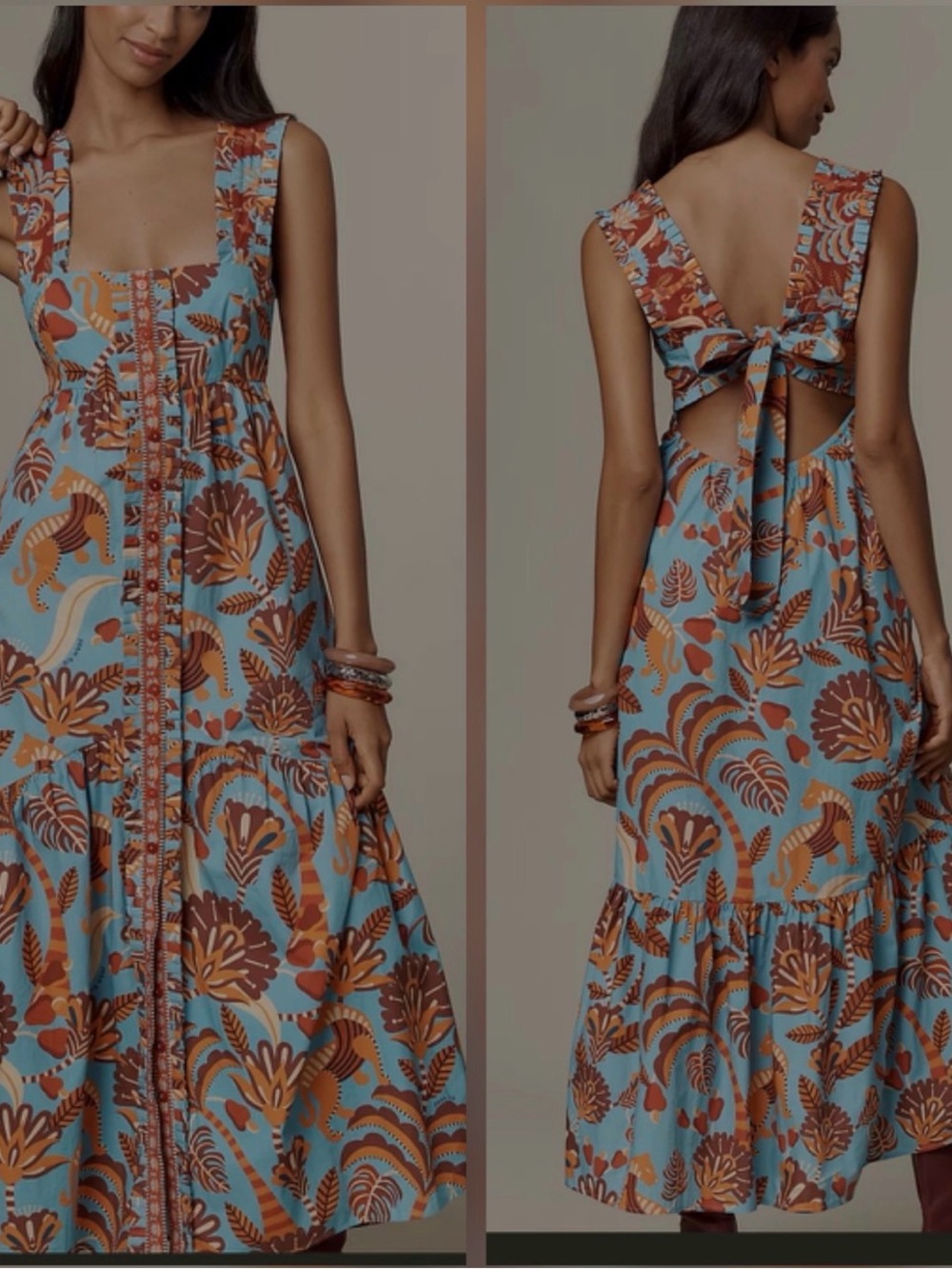 FARM Rio Blue and Rust Floral Tie-Back Maxi Dress